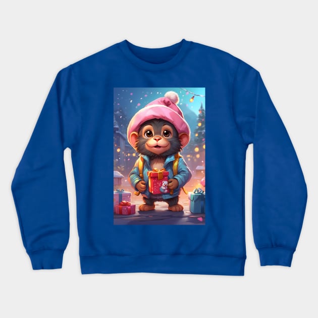 Cute Monkey with Christmas Present Crewneck Sweatshirt by Leon Star Shop